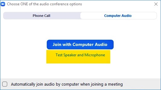 Zoom screenshot showing test speaker and microphone options